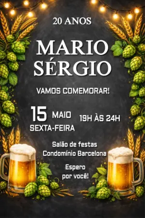 Convite de Aniversário Tema Cerveja Rústico para Editar