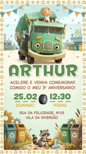 Convite de Aniversário Caminhão de Lixo e Reciclagem Editável