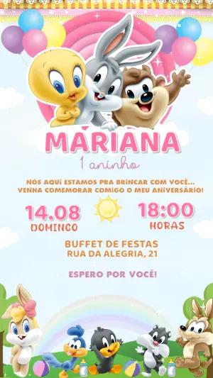 Convite de Aniversário Baby Looney Tunes para Editar Online