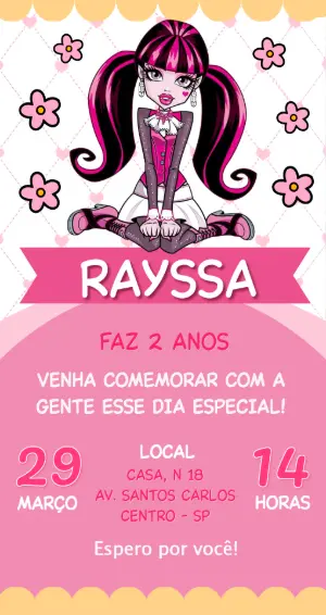 Convite de Aniversário Monster High Rosa e Preto para Editar