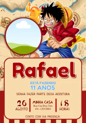 Convite Digital Tema Pirata One Piece Editável para Aniversário