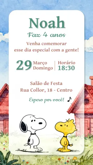 Convite de Aniversário Snoopy e Woodstock Estilo Aquarela Editável
