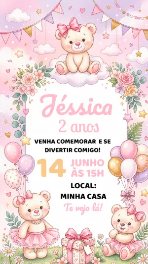 Convite de Aniversário Ursinha Rosa Aquarela para Editar