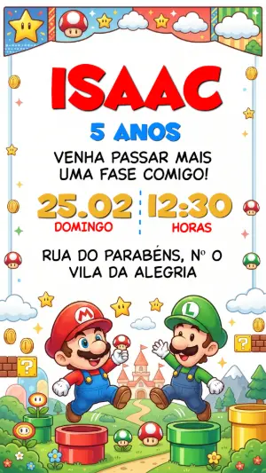 Convite de Aniversário Infantil Super Mario Bros Editável