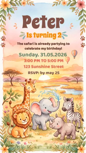 Cute Baby Safari Birthday Invitation | Editable Template