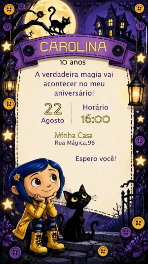 Convite de Aniversário Coraline: Modelo Digital Editável