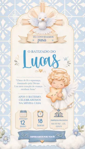 Convite de Batizado Menino Anjinho Azul Editável