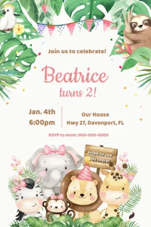 Pink Safari Birthday Invitation for Girl | Editable Template