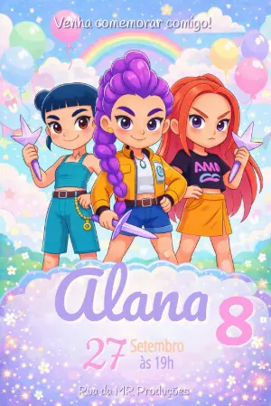 Convite de Aniversário Digital Guerreiras do K-pop para Editar