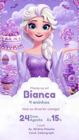 Convite Editável Aniversário Infantil Princesa dos Doces Roxo