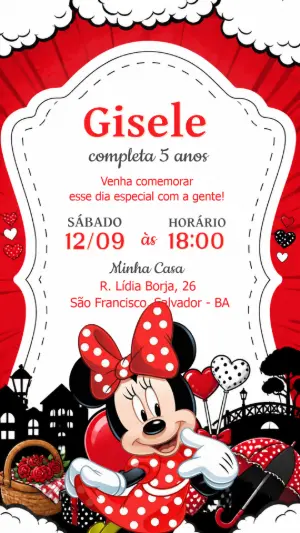 Convite de Aniversário Minnie Mouse Vermelha para Editar