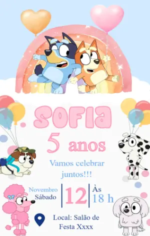 Convite de Aniversário Bluey e Bingo para Editar Online