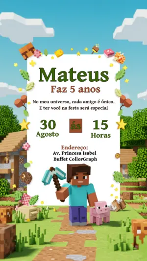 Convite Aniversário Minecraft com Personagens para Editar Online