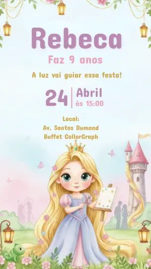Convite de Aniversário Princesa Enrolados Aquarela para Editar