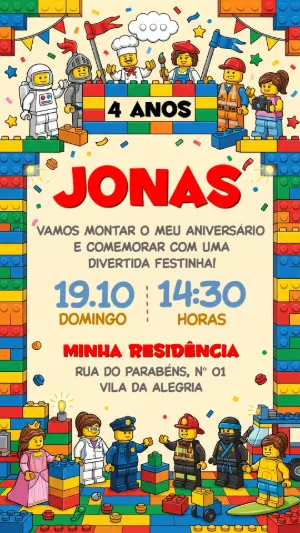 Convite de Aniversário Lego Colorido para Editar