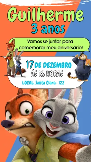Convite de Aniversário Zootopia Colorido para Editar