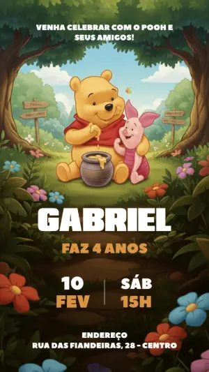 Convite de Aniversário Ursinho Pooh e Amigos para Editar Online