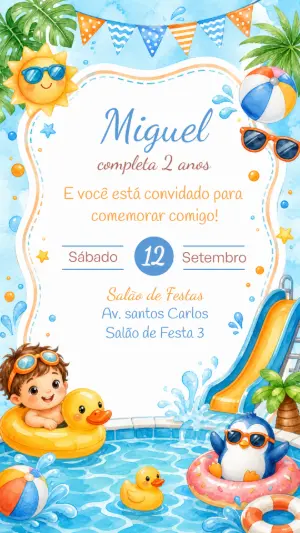 Convite Festa na Piscina Aquarela | Aniversário Infantil Editável