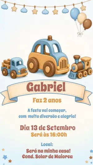 Convite Infantil Editável Aniversário Carrinhos de Madeira