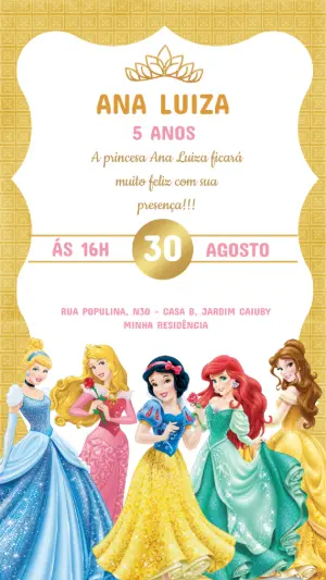 Convite Animado Aniversário Princesas Disney para Editar