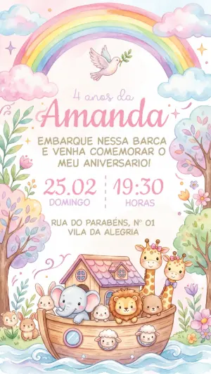 Convite Aniversário Arca de Noé Menina Aquarela Editável