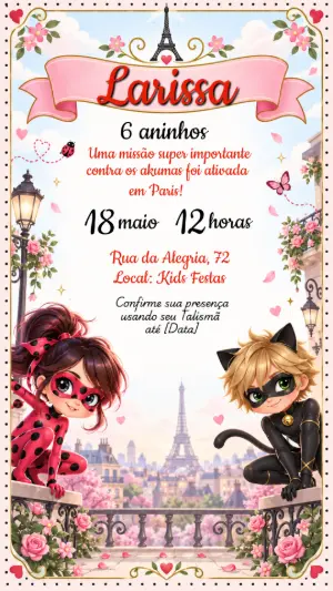 Convite de Aniversário Miraculous: Ladybug e Cat Noir Editável