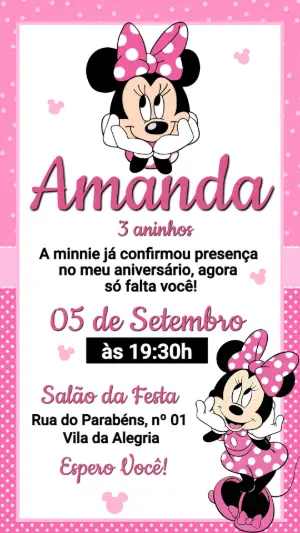 Convite de Aniversário Minnie Rosa Modelo Editável