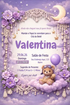 Convite Chá de Bebê Ursinho Aviador Boho Lilás Editável