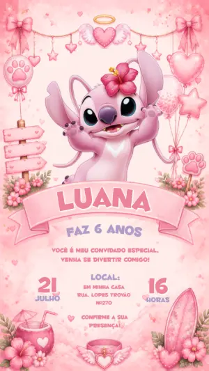 Convite Digital Aniversário Stitch Rosa e Angel Editável