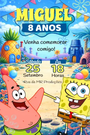 Convite de Aniversário Bob Esponja e Patrick para Editar