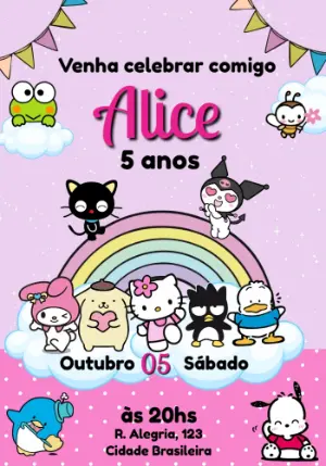 Convite de Aniversário Hello Kitty e Amigos Editável