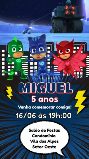 Convite Animado Aniversário PJ Masks para Editar Online