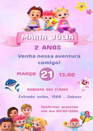Convite de Aniversário Baby Shark Infantil Modelo Editável