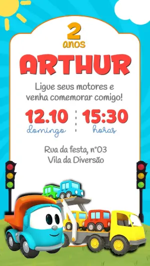 Convite de Aniversário Léo o Caminhão Digital para Editar