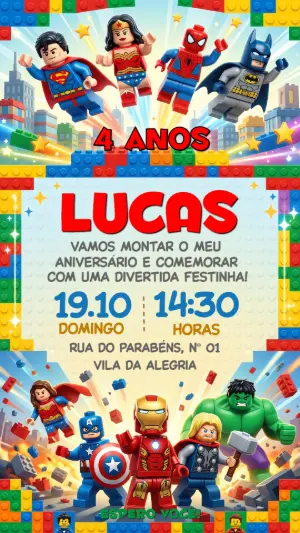 Convite de Aniversário Lego Super-Heróis para Editar