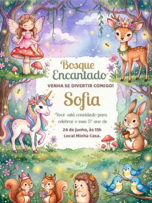 Convite de Aniversário Bosque Encantado Aquarela Editável