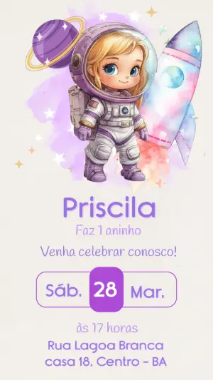 Convite Aniversário Astronauta Menina Lilás para Editar