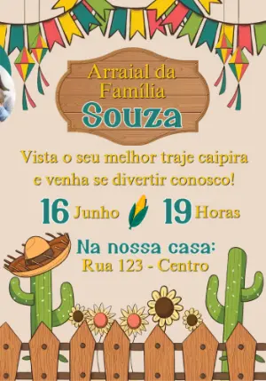 Convite de Festa Junina Rústico com Foto para Editar