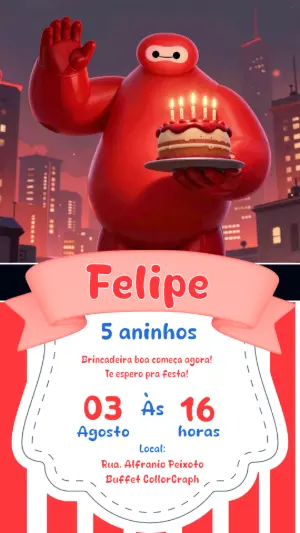 Convite de Aniversário Baymax Vermelho para Editar
