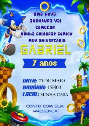 Convite de Aniversário Sonic Aventura Azul para Editar