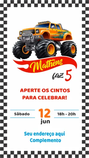 Convite Aniversário Monster Truck para Editar Online