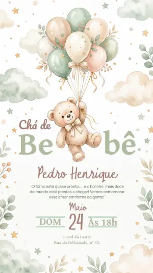 Convite Chá de Bebê Ursinho Aquarela para Editar