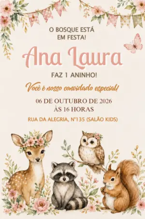 Convite Aniversário Bosque Encantado Menina para Editar