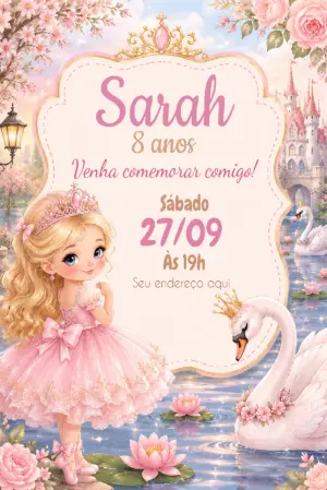 Convite Aniversário Bailarina e Cisne Rosa para Editar