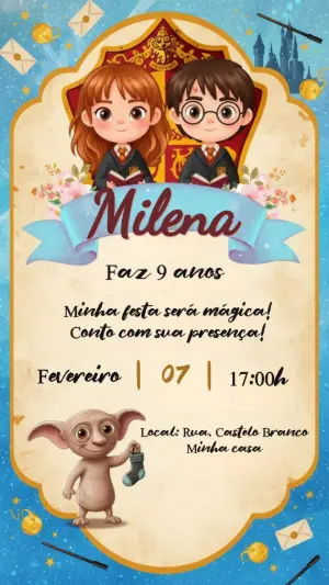 Convite Digital Mágico Tema Harry Potter Editável para Aniversário