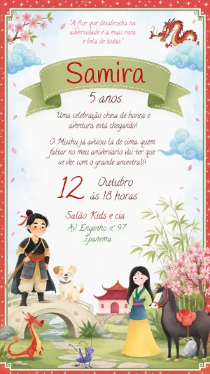 Convite de Aniversário Mulan: Modelo Digital para Editar