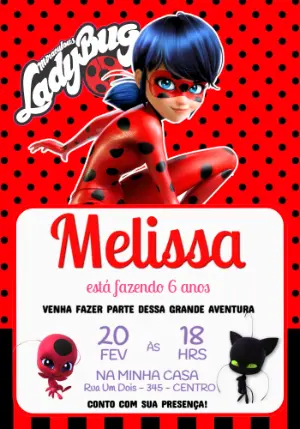 Convite de Aniversário Miraculous Ladybug Vermelho para Editar
