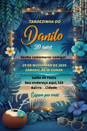 Convite de Aniversário Tardezinha Tropical na Praia Editável