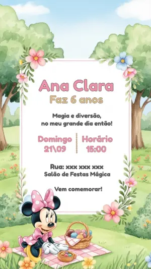 Convite de Aniversário Minnie Mouse Piquenique para Editar