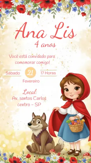 Convite Digital Chapeuzinho Vermelho Floral para Editar